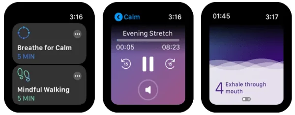 Three Calm screens on Apple Watch
