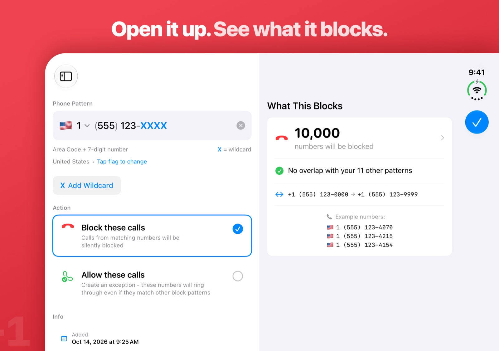 iPhone Duo inner display: the pattern editor beside the What This Blocks panel showing 10,000 numbers